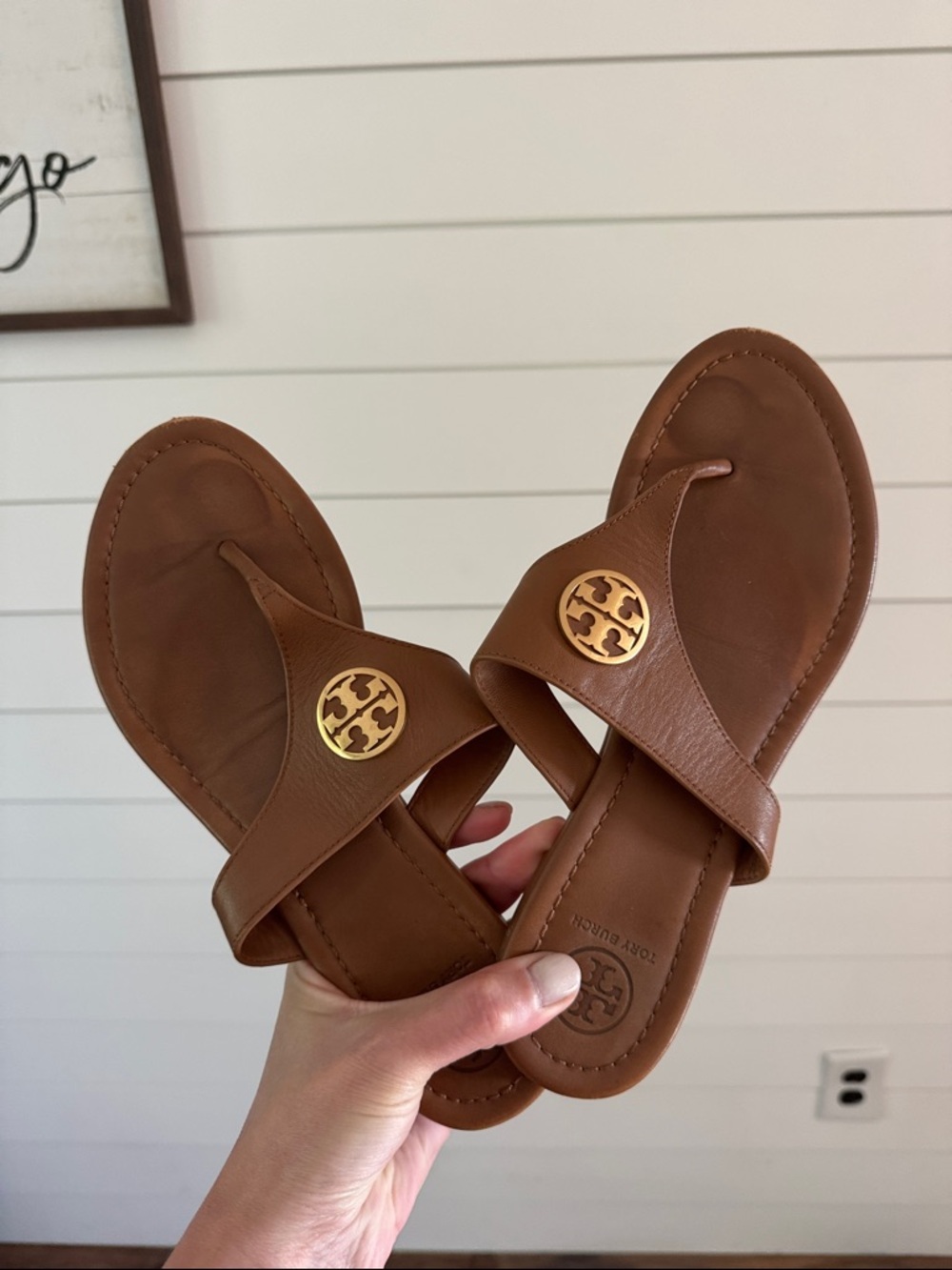 Tory Burch Brown Leather Logo Thong Sandals